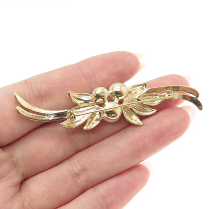 MAJORICA 925 Sterling Silver Gold Plated Vintage Faux Pearl Leaf Pin Brooch