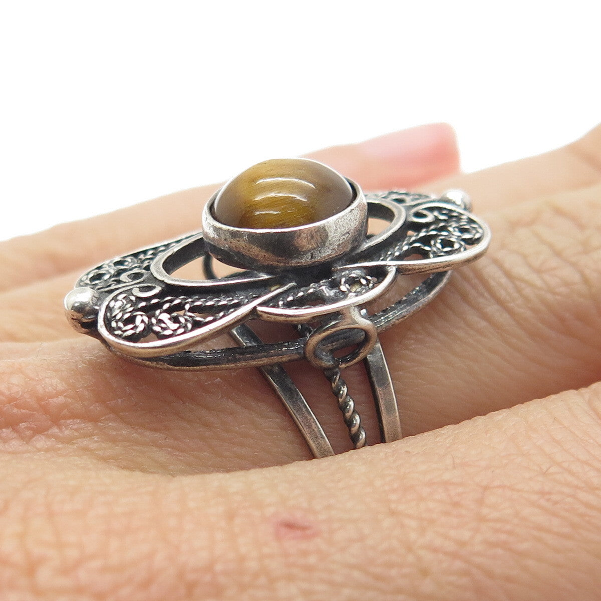 925 Sterling Silver Vintage Israel Tiger Eye Filigree Adjustable Ring Size 6.25