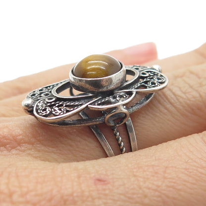 925 Sterling Silver Vintage Israel Tiger Eye Filigree Adjustable Ring Size 6.25