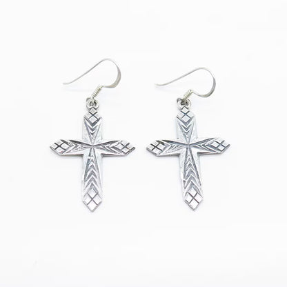 925 Sterling Silver Vintage Carved Cross Dangling Earrings