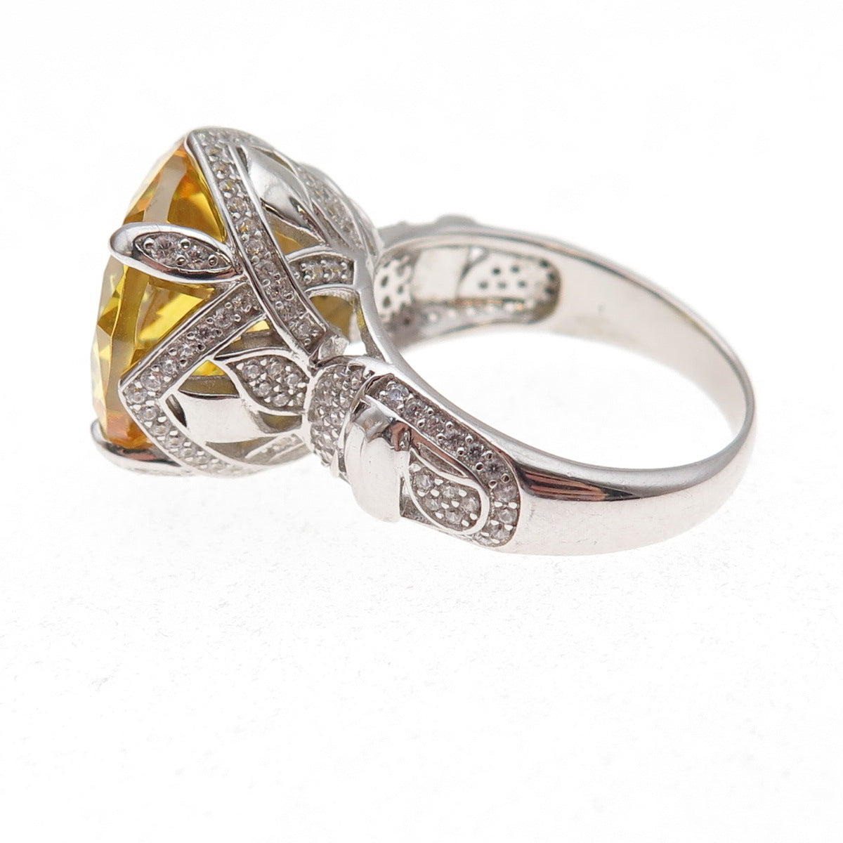 925 Sterling Silver Round-Cut Canary & White C Z Statement Ring Size 7.25