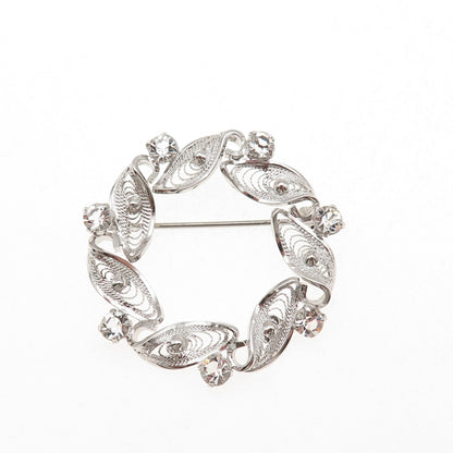 Am Lee 925 Sterling Silver Vintage Rhinestone Filigree Floral Pin Brooch
