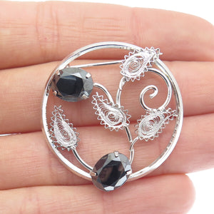 D'OR 925 Sterling Silver Vintage Real Hematite Filigree Floral Leaf Pin Brooch
