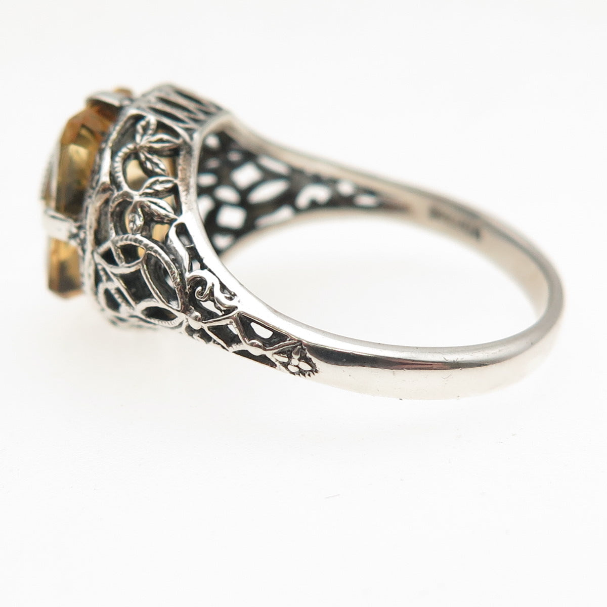 925 Sterling Silver Vintage Real Diamond & Citrine Oxidized Ring Size 8