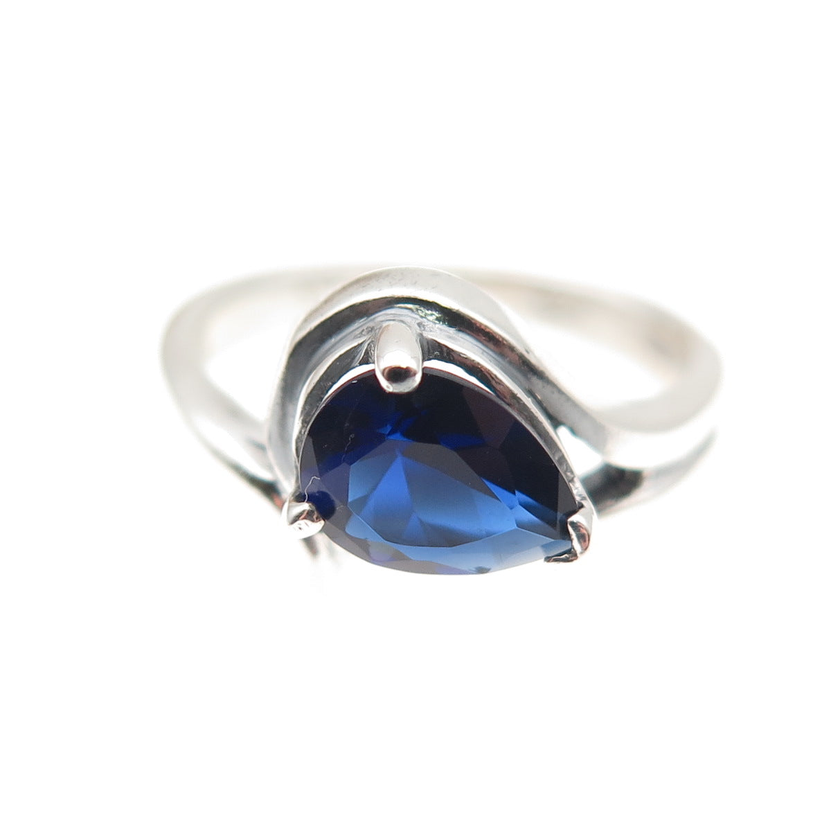 925 Sterling Silver Vintage Pear-Cut Blue C Z Modernist Oxidized Ring Size 6