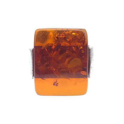 925 Sterling Silver Vintage Real Amber Modernist Oxidized Ring Size 8.25