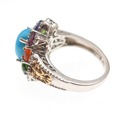 Chuck Clemency 925 Sterling Silver Real Turquoise & Multi-Color Gem Ring Size 8