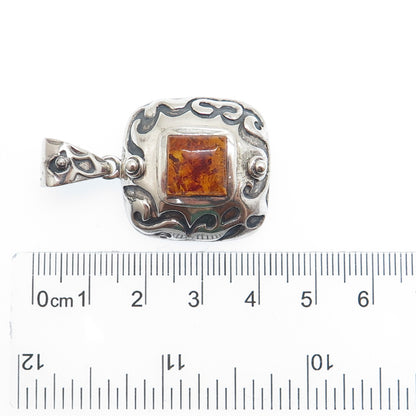SILPADA 925 Sterling Silver Vintage Real Amber Ornate Oxidized Pendant