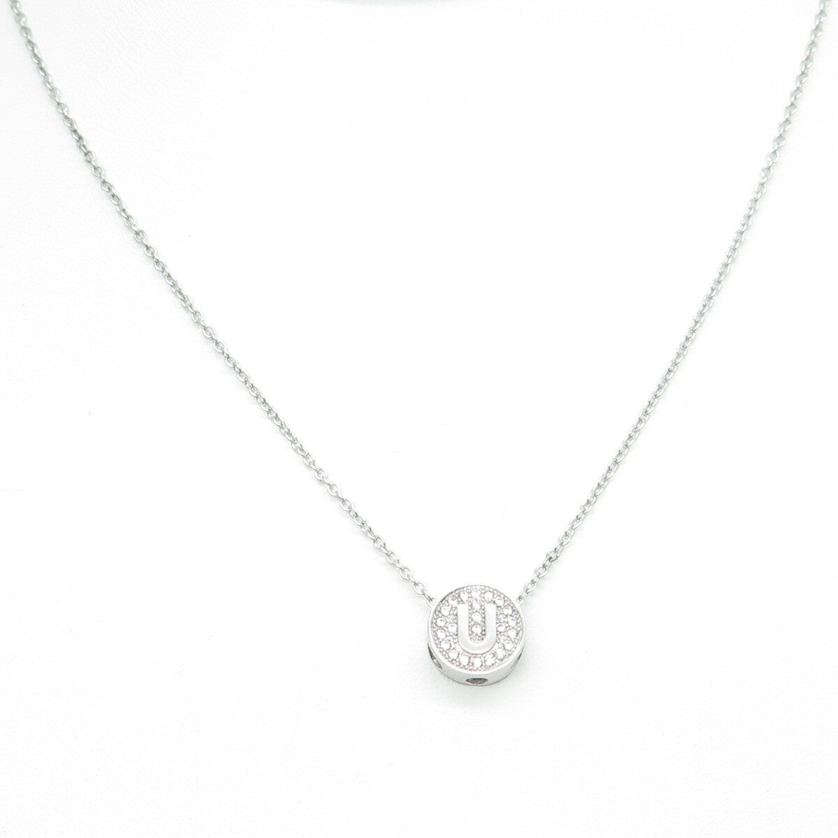 925 Sterling Silver Round-Cut C Z Letter "U" Initial Cable Chain Necklace 16-18"