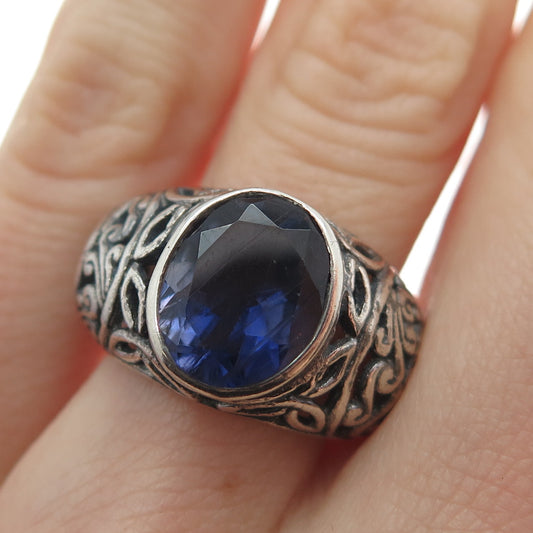 925 Sterling Silver Vintage Real Iolite Gemstone Ornate Oxidized Ring Size 6