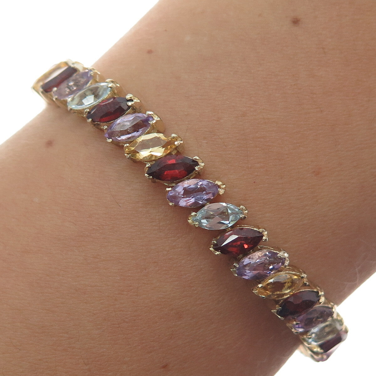 925 Sterling Gold Plated Amethyst Topaz Citrine Garnet Tennis Link Bracelet 7.5"