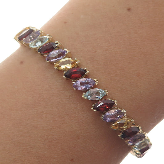 925 Sterling Gold Plated Amethyst Topaz Citrine Garnet Tennis Link Bracelet 7.5"