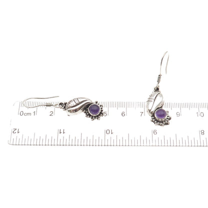 925 Sterling Silver Vintage Real Amethyst Modernist Floral Dangle Earrings