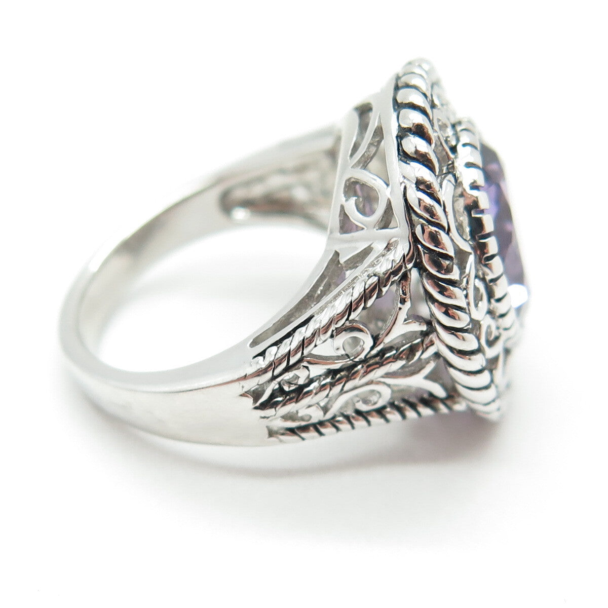 925 Sterling Silver Real Checkered Amethyst Gem Swirl Twisted Ring Size 7