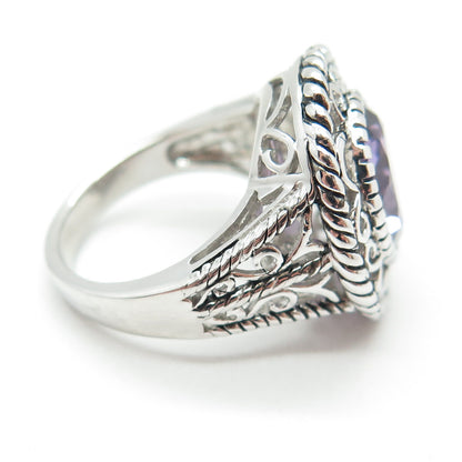 925 Sterling Silver Real Checkered Amethyst Gem Swirl Twisted Ring Size 7