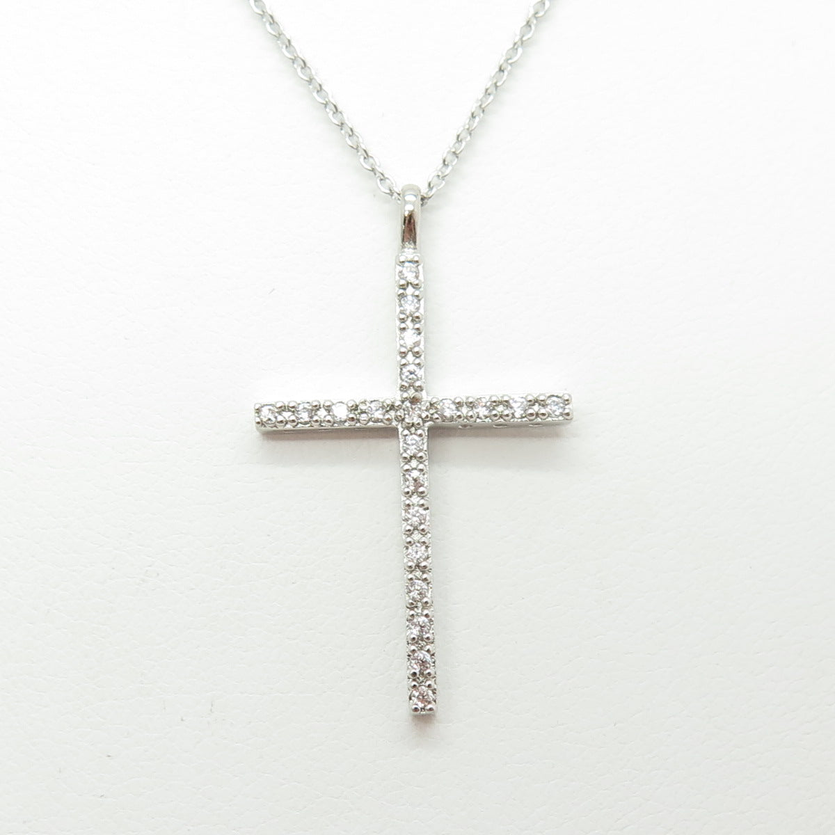 925 Sterling Silver Round-Cut C Z Cross Cable Chain Necklace 16-18"