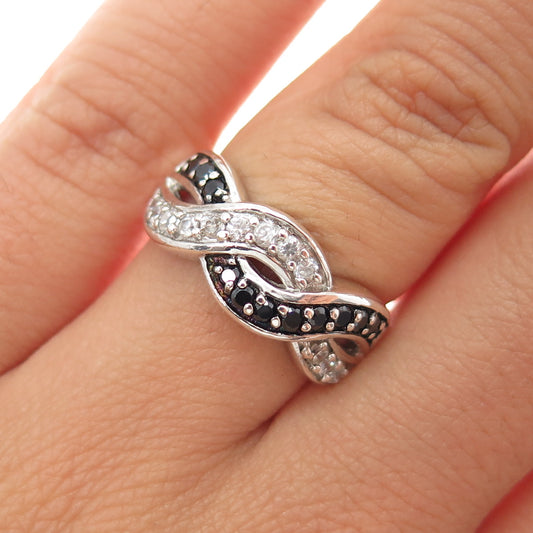 925 Sterling Silver Real Black Spinel & C Z Twisted Infinity Ring Size 6.25