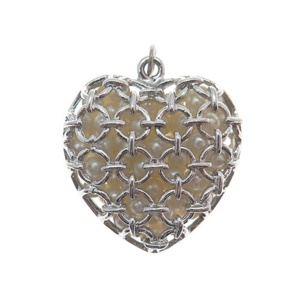 925 Sterling Silver Antique Art Deco Faux Pearl Heart Minimalist Charm Pendant