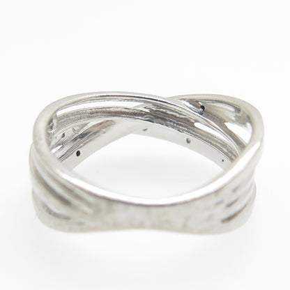 925 Sterling Silver Real Round-Cut Black & White Diamond Crisscross Ring Size 7