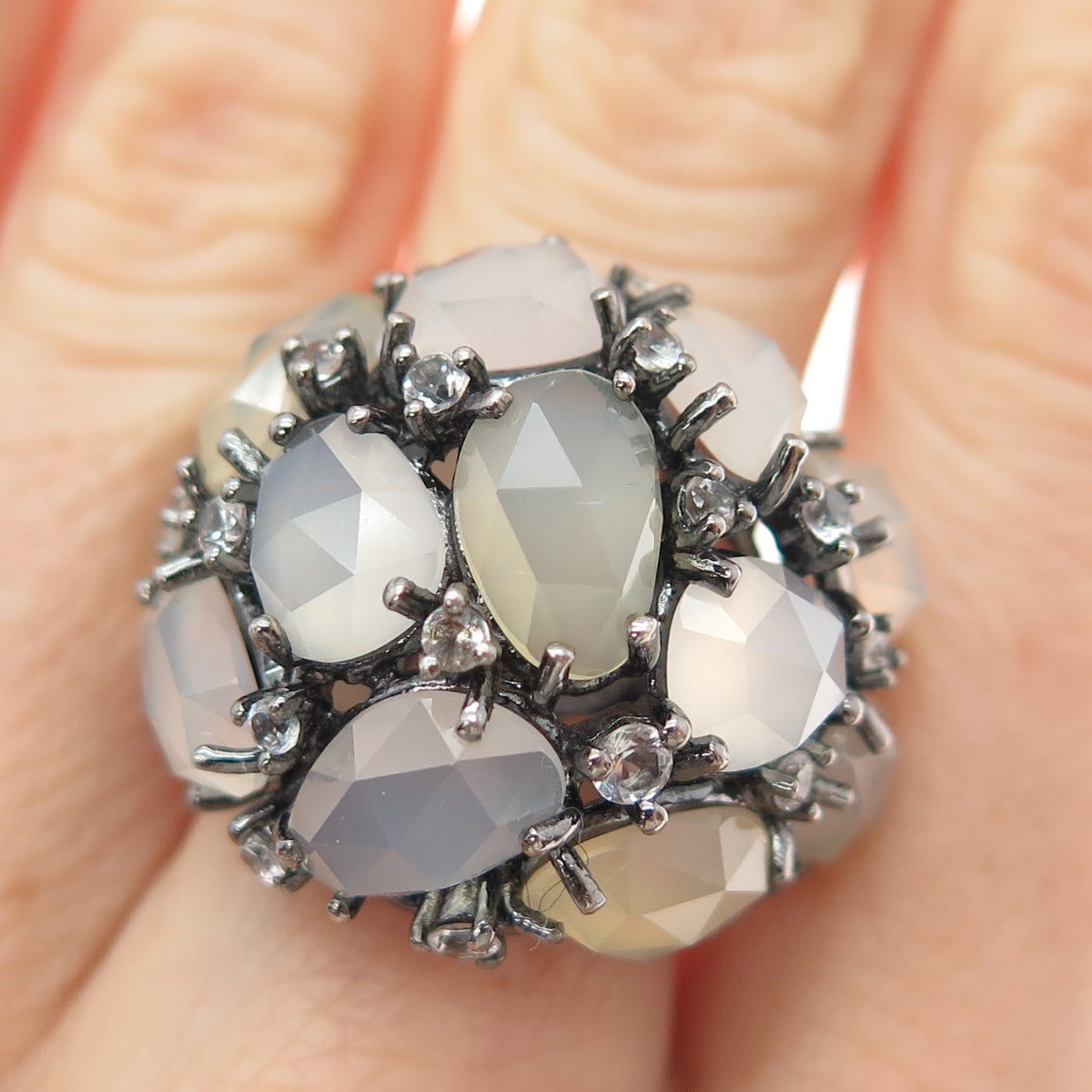 925 Sterling Silver Black Rhodium Real Chalcedony & White Topaz Ring Size 7.25