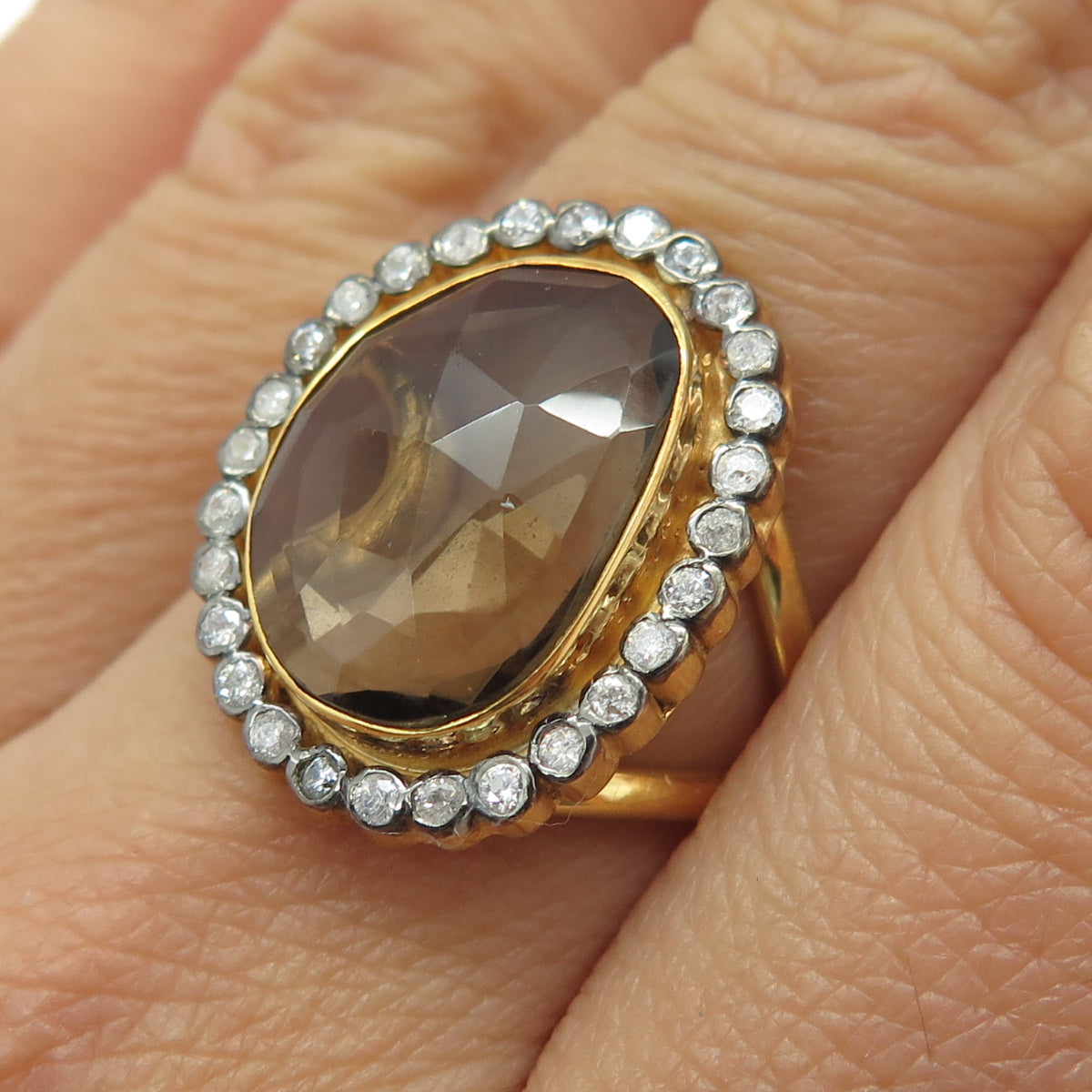 925 Sterling Silver Gold Plated Vintage Real Smoky Quartz & C Z Ring Size 6.5