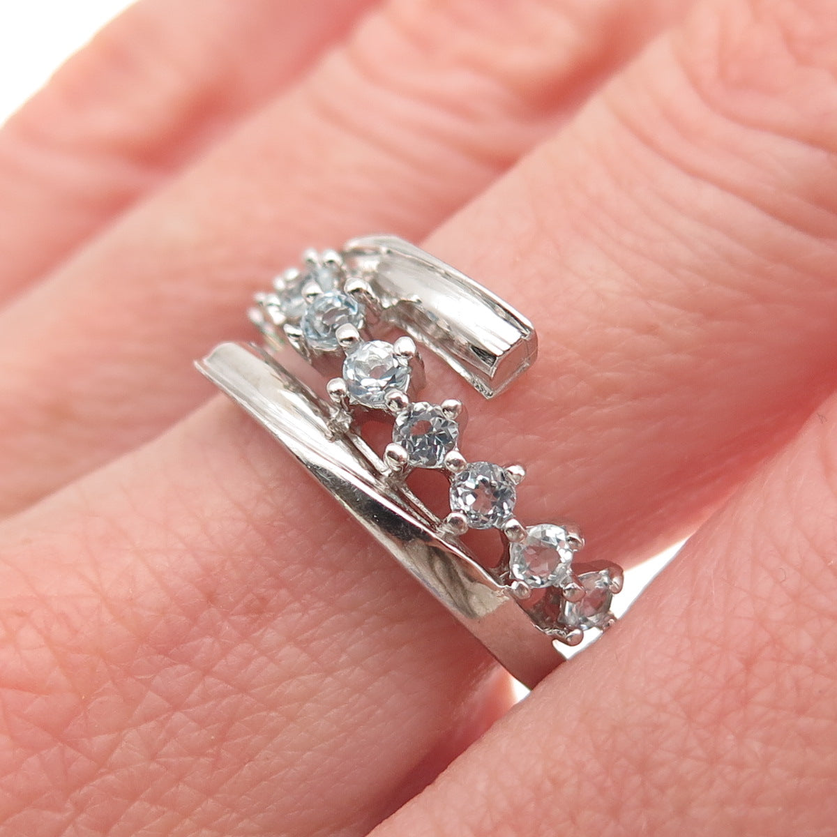 925 Sterling Silver Real Round-Cut Blue Topaz Bypass Ring Size 8