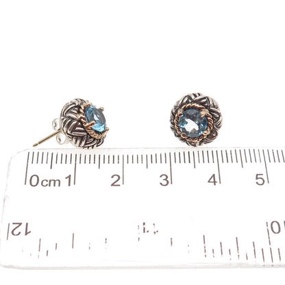 925 Sterling Silver 14K Gold Vintage Real Blue Topaz Oxidized Stud Earrings