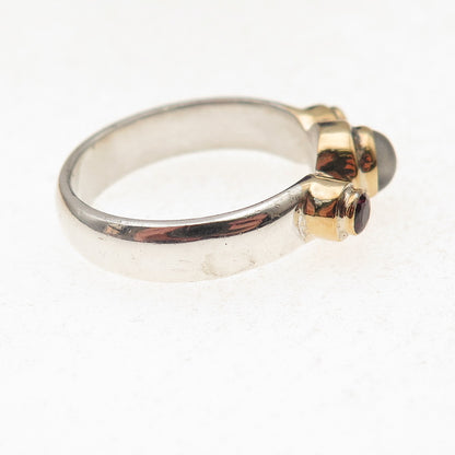 925 Sterling Silver 2-Tone Vintage Real Moonstone & Red Garnet Ring Size 9.25