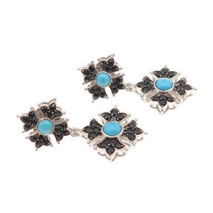925 Sterling Silver Real Turquoise & Black Spinel Floral Cross Dangle Earrings