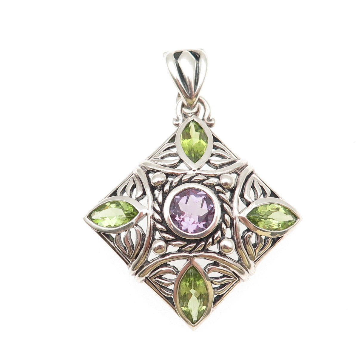 SX Sally C 925 Sterling Silver Vintage Real Amethyst & Peridot Floral Pendant
