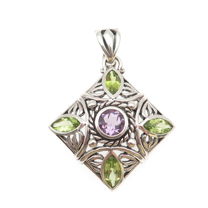 SX Sally C 925 Sterling Silver Vintage Real Amethyst & Peridot Floral Pendant