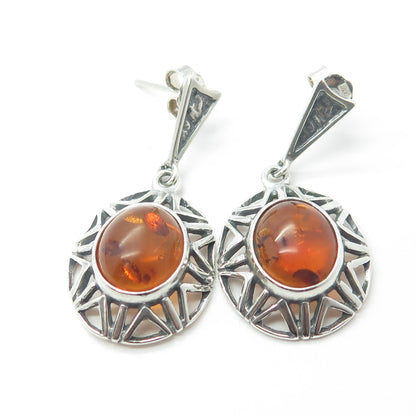 925 Sterling Silver Vintage Real Amber Sun Dangling Earrings