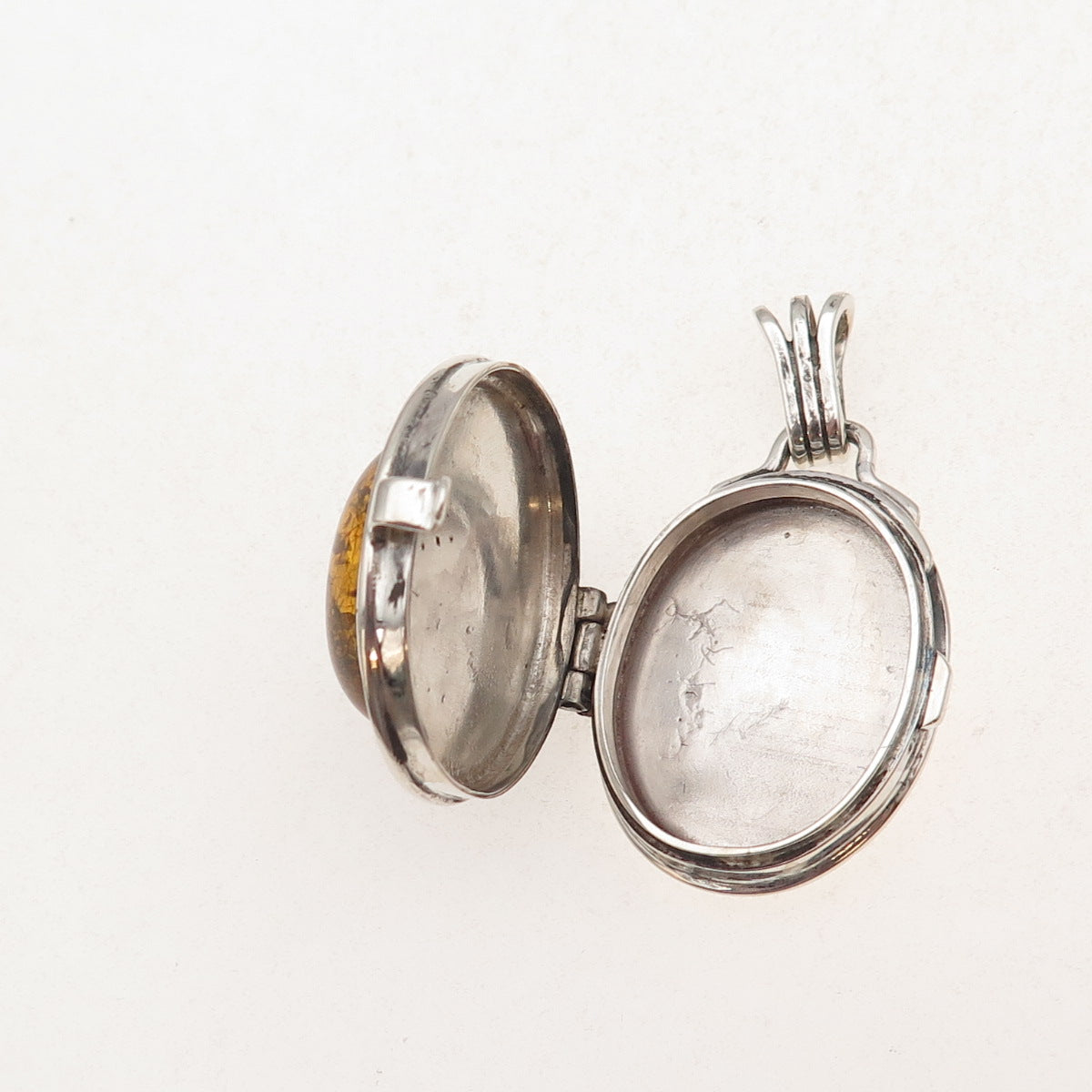 925 Sterling Silver Vintage Real Amber Oxidized Locket Pendant