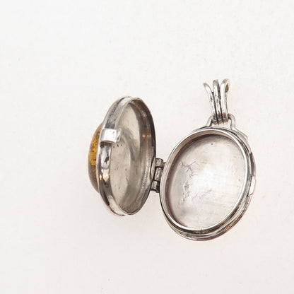 925 Sterling Silver Vintage Real Amber Oxidized Locket Pendant
