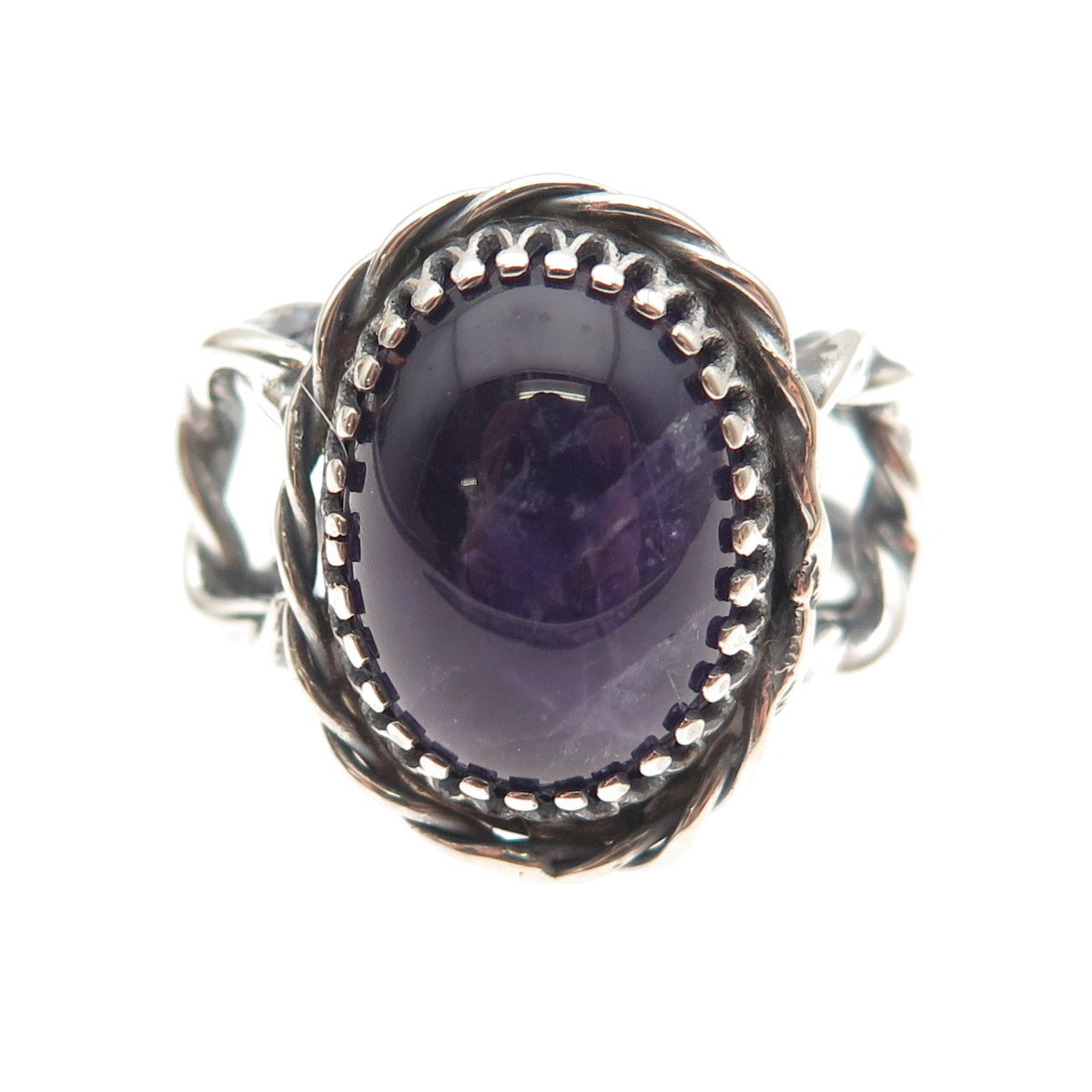 925 Sterling Silver Vintage Real Amethyst Modernist Oxidized Ring Size 6.75