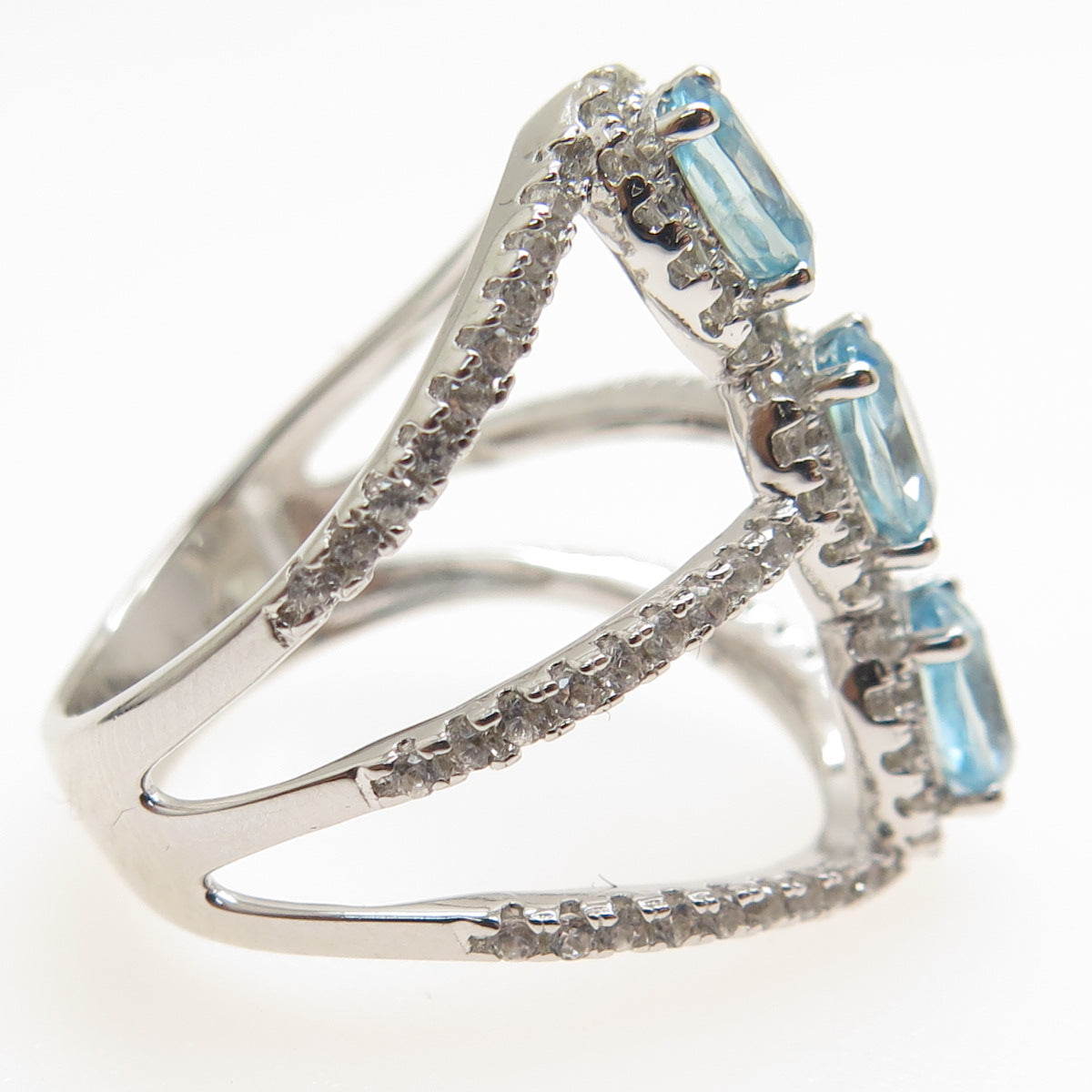 925 Sterling Silver Real Blue & White Topaz 3-Row Spine Ring Size 7.25