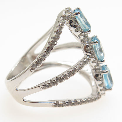 925 Sterling Silver Real Blue & White Topaz 3-Row Spine Ring Size 7.25
