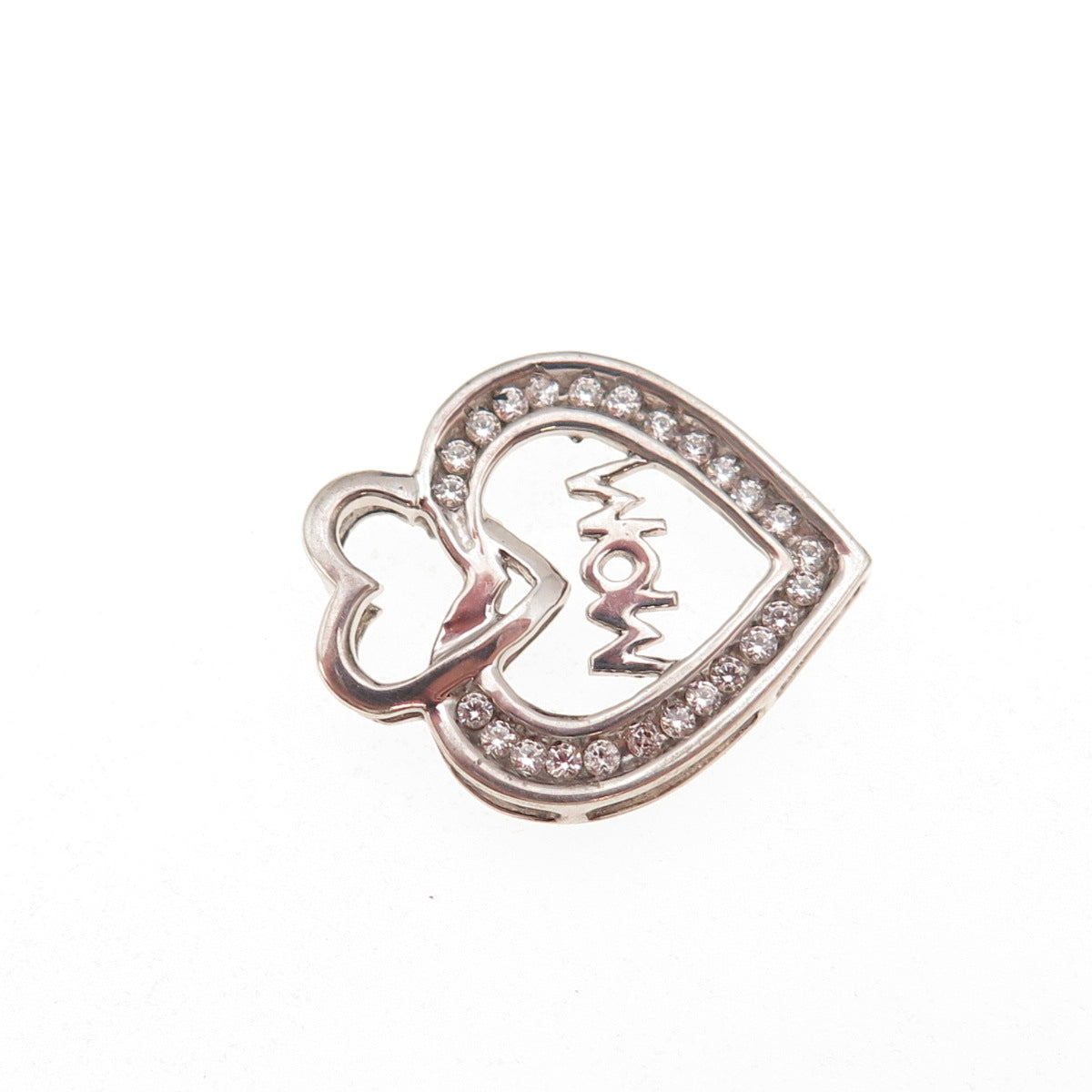 925 Sterling Silver Round-Cut C Z Mom Heart Slide Charm Pendant