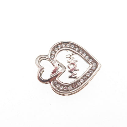 925 Sterling Silver Round-Cut C Z Mom Heart Slide Charm Pendant