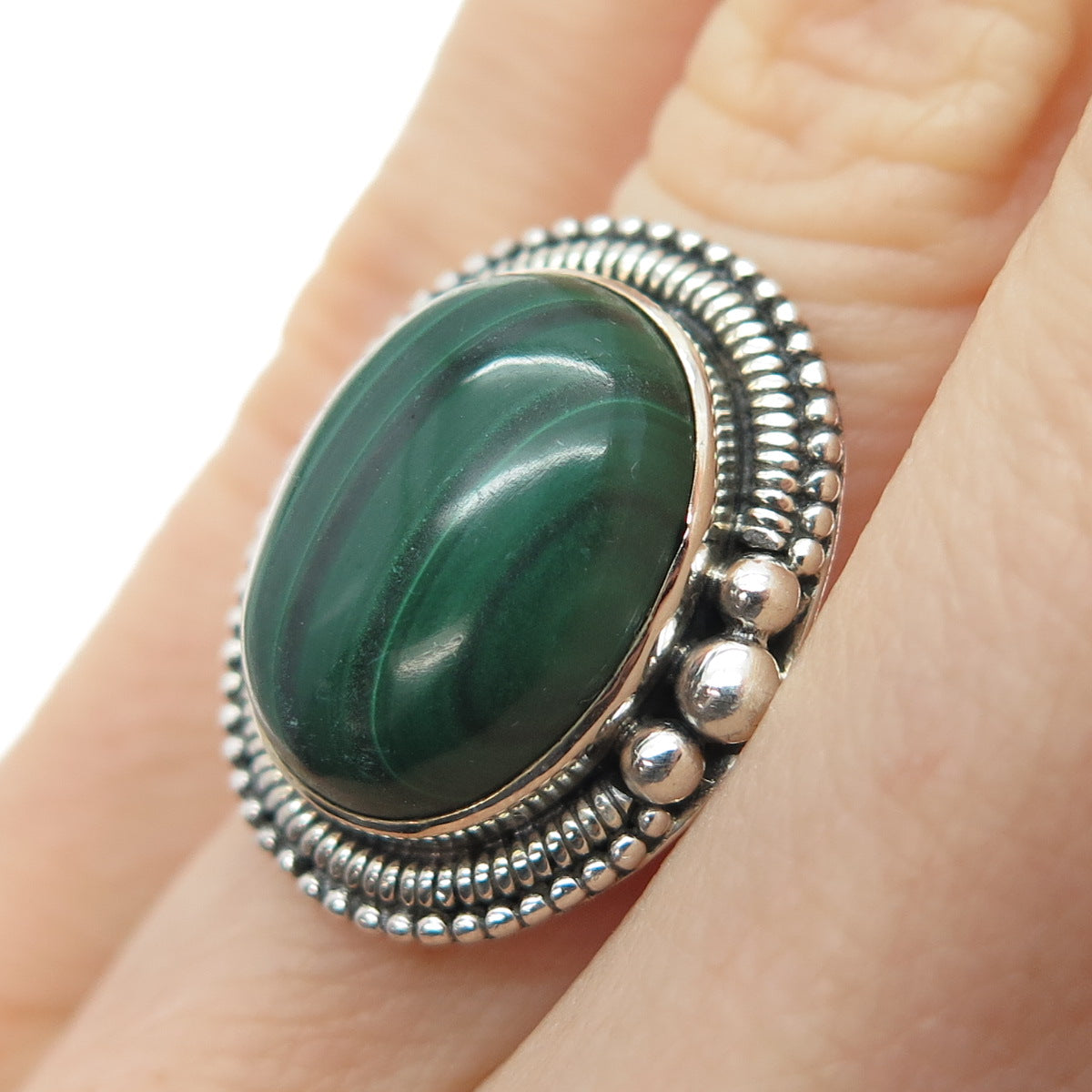 925 Sterling Silver Vintage Southwestern Real Cabochon Malachite Ring Size 6