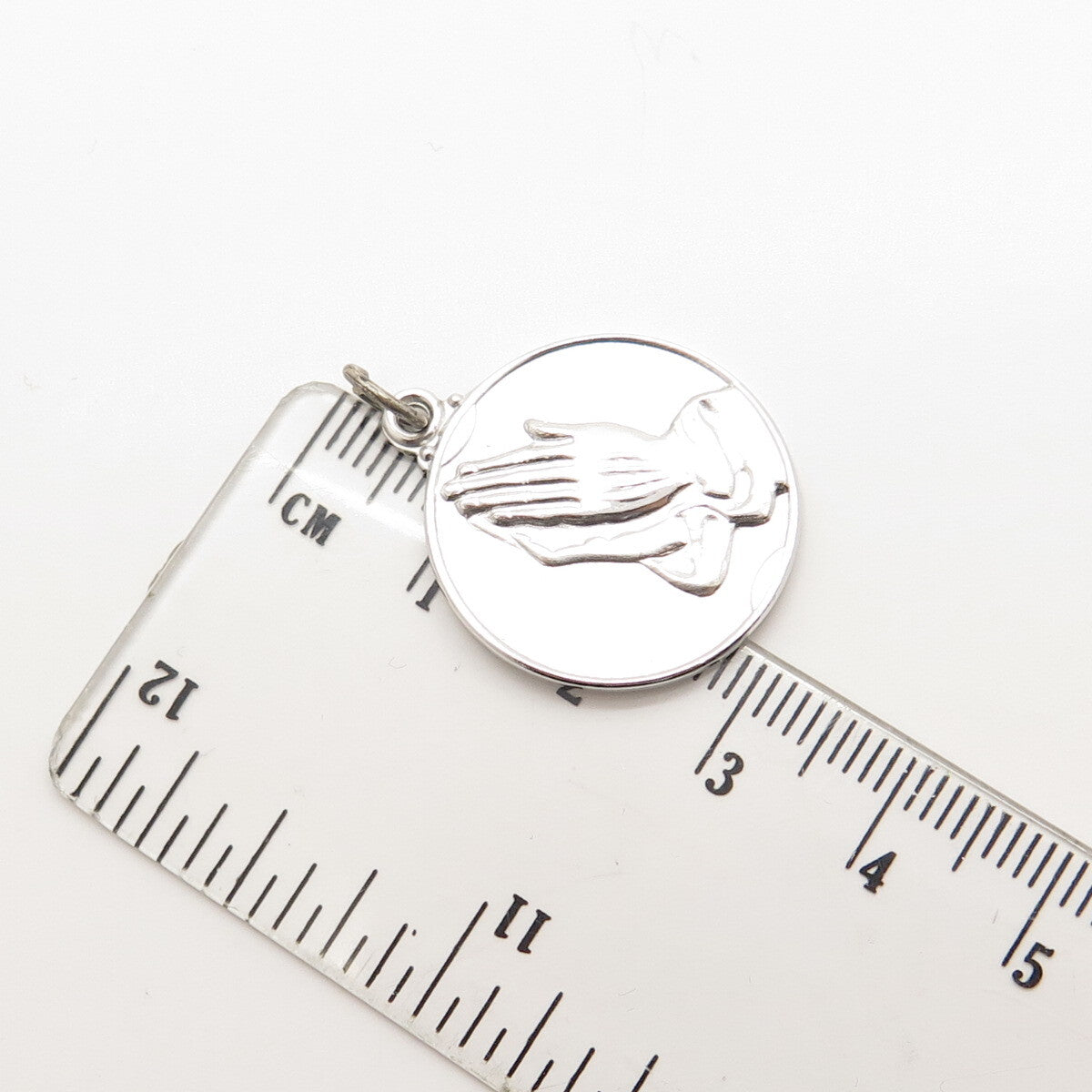 925 Sterling Silver Vintage Hands In Prayer Religious Round Charm Pendant