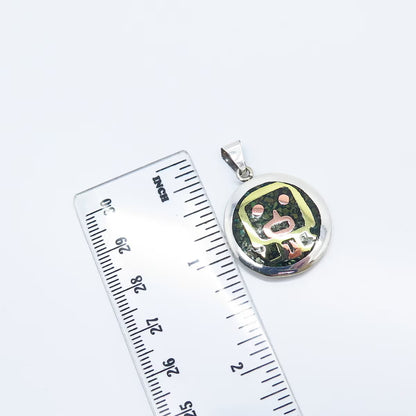 925 Sterling Silver 3-Tone Vintage Real Turquoise Gem Inlay Tribal Pendant