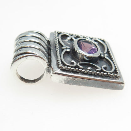 925 Sterling Silver Vintage Real Amethyst Gemstone Ornate Slide Pendant