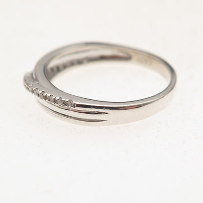 925 Sterling Silver Real Round-Cut Diamond Crisscross Ring Size 6.5