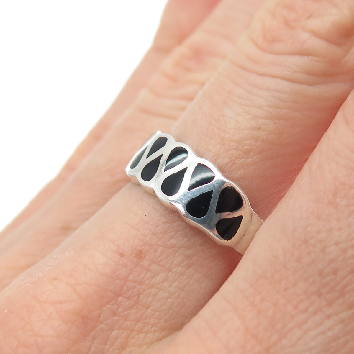 925 Sterling Silver Vintage Real Black Onyx Modernist Zig Zag Ring Size 8.75