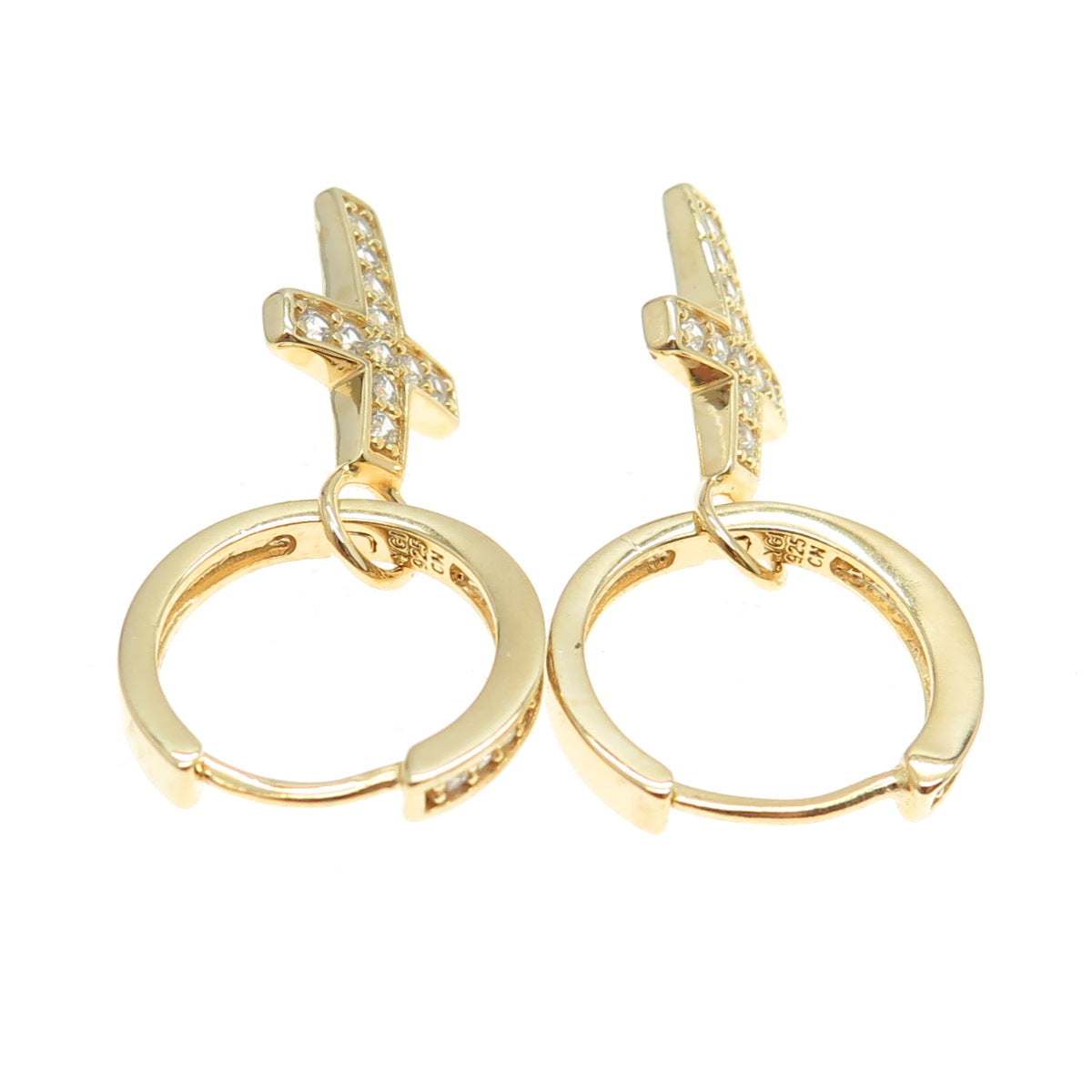 925 Sterling Silver Gold Plated Round-Cut C Z Cross Dangling Charm Hoop Earrings