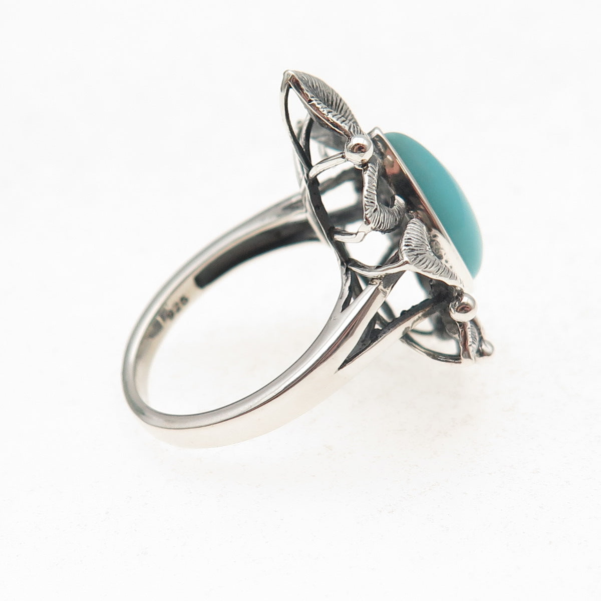 925 Sterling Silver Real Tyrone Turquoise Floral Oxidized Ring Size 8