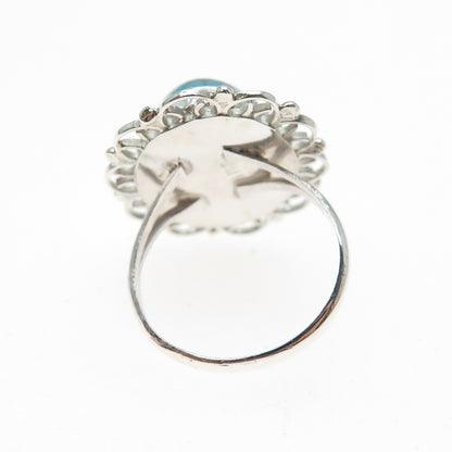 925 Sterling Silver Vintage Faux Turquoise Filigree Flower Ring Size 5