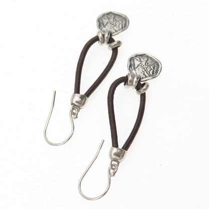 Silpada 925 Sterling Silver Vintage Brown Leather Prairie Girl Disc Earrings