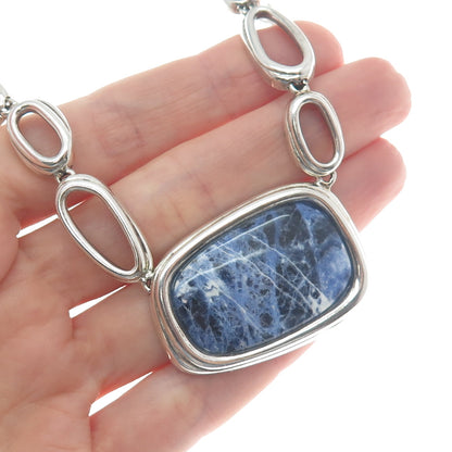 925 Sterling Silver Vintage Real Sodalite Modernist Chain Necklace 16-18"